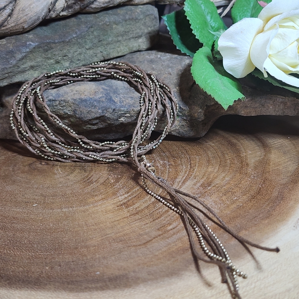 Unisex Boho Wrap Bracelet With Braided Gold Toned Ball Chain And Brown Cord